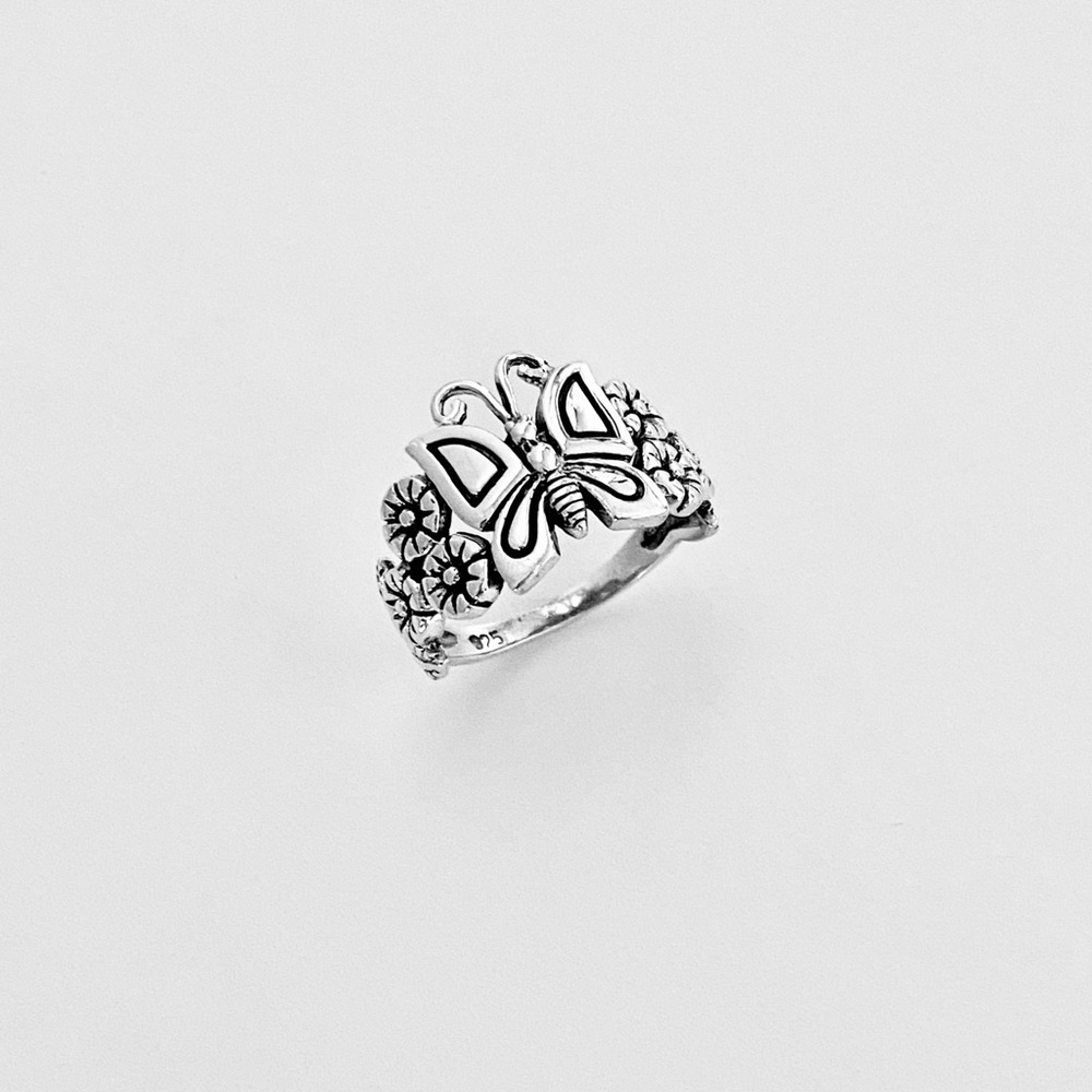 Sterling Silver Statement Butterfly and Plumeria Ring, Flower Rings, Bug Jewelry - Picture 5 of 13